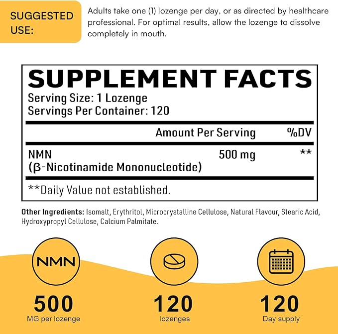 Sublingual NMN 500mg, Max Absorbency & Fast-Acting NMN Supplement（120-Day Supply）, 99% Pure NMN (Nicotinamide Mononucleotide) for NAD, Cell, Immune, Energy, Muscle, Anti-Aging, Longevity, 120 Lozenges