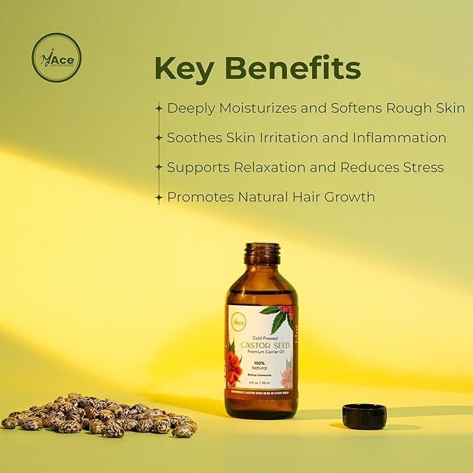My Ace Castor Seed Carrier Oil | 100% Pure Cold Pressed Unrefined Oil for Hair, Lashes & Brows Growth, Skin Care, Body Massage & Aromatherapy – 4 fl oz