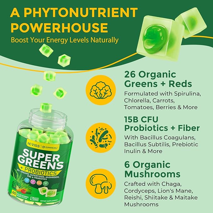 Organic Super Greens Daily Superfood Gummies + Probiotics, Spirulina, Chlorella Spinach Broccoli, Prebiotic Fiber, Mushroom -Rich in Vitamins & Antioxidants - Digestive, Focus, Energy, No Sugar, 60Cts