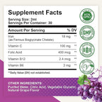 2 Pack Liquid Iron Supplement for Women, Men & Kids - Liquid Iron Drops with Folate, Vitamin C, B6, B12 for Anemia, Red Blood Cell, Energy Support - Grape Flavor