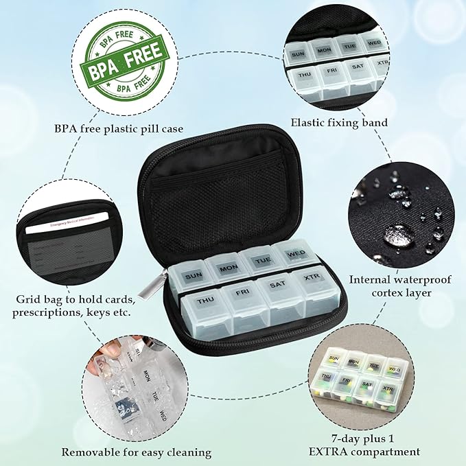 Serfeymi Weekly Travel Pill Organizer Pill Case for Purse with Removable 7 Day Pill Box, Fashionable Travel Medicine Organizer Pill Container for Medicine, Vitamin, Supplement - Black 03