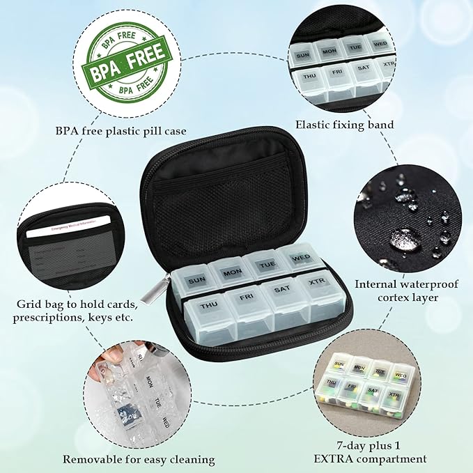 Serfeymi Weekly Travel Pill Organizer Pill Case for Purse with Removable 7 Day Pill Box, Fashionable Travel Medicine Organizer Pill Container for Medicine, Vitamin, Supplement - Black 03 + Pill Box