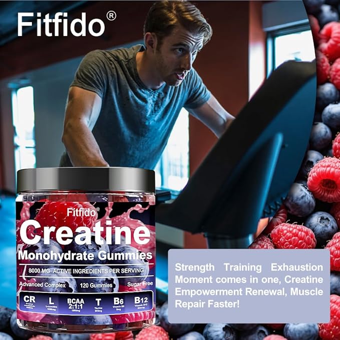 Creatine Monohydrate Gummies Complex 8000mg for Men and Women, Containing L-carnitine & Taurine, Build Muscle, Boost Energy, Faster Recovery, Sugar Free & Vegan, Raspberry & Blackberry, 120 Count