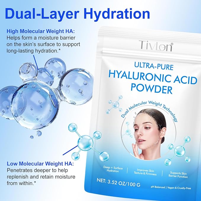 Hyaluronic Acid Powder, Hyaluronic Acid Supplements for Skin Care, Vegan Cosmetic Grade, Low Molecular Weight, Water-Soluble Moisturizing Ingredient for DIY Facial Serum