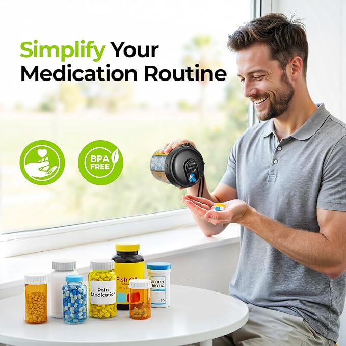 AUVON Large Pill Dispenser Can Store 7 Various Supplements, Travel Pill Organizer Bottle with Anti-Mix Design, Arthritis-friendly Pill Holder with Wide Opening & Slider Lid, Includes 20 Blank Stickers