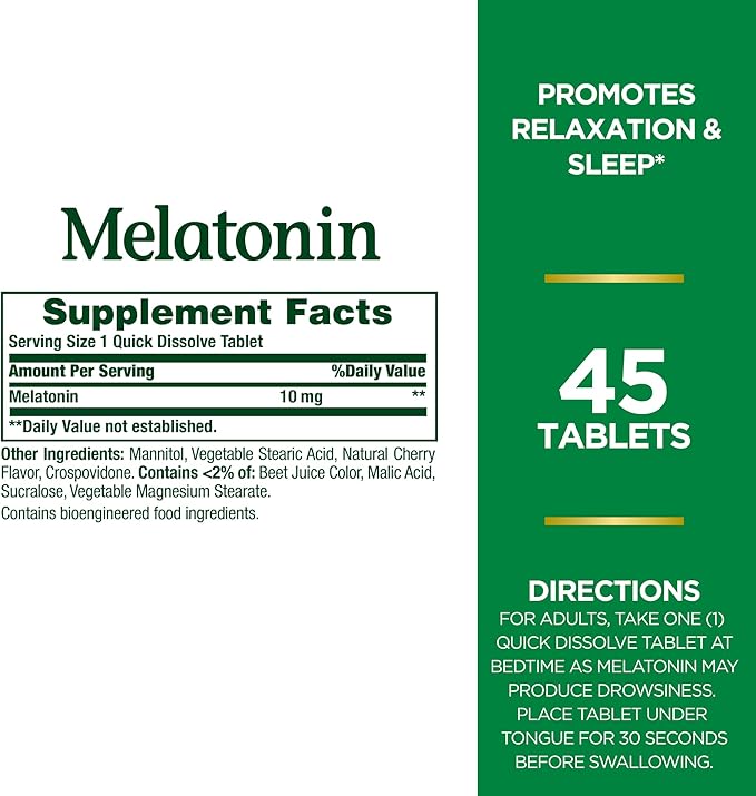Nature's Bounty Melatonin, 100% Drug Free Sleep Aid, Dietary Supplement, Promotes Relaxation and Sleep Health, 10mg, 45 Quick Dissolve Tablets (Pack of 3)