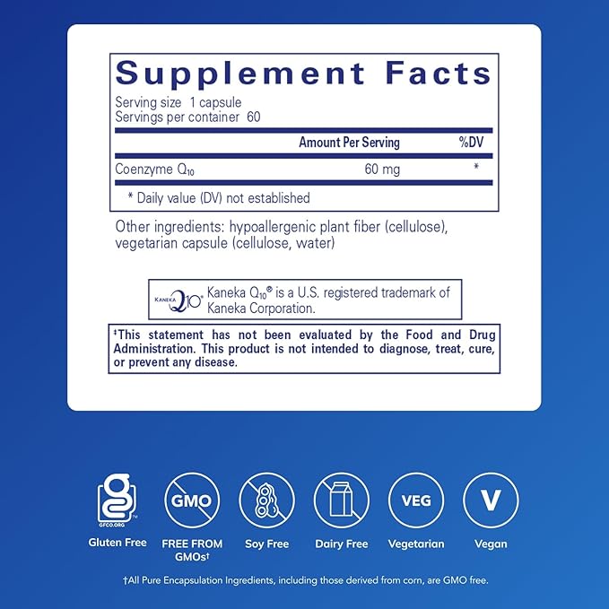Pure Encapsulations CoQ10 60 mg | Coenzyme Q10 Supplement for Energy, Antioxidants, Brain and Cellular Health, Cognition, and Cardiovascular Support* | 60 Capsules