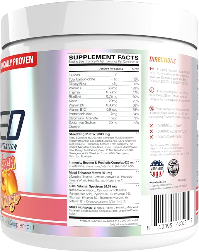 EHP Labs OxyShred Pre Workout Powder - Preworkout Powder with L Glutamine & Acetyl L Carnitine, Energy Boost Drink - Peach Mango, 60 Servings