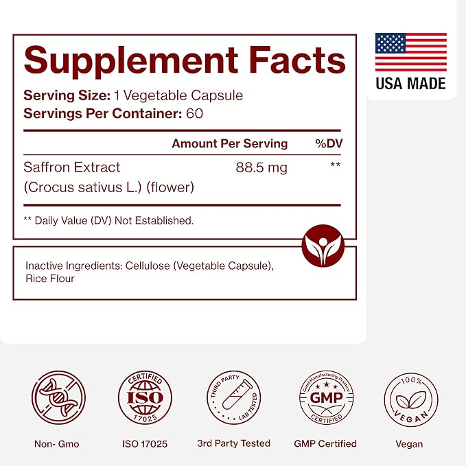 Saffron Supplements - 100% Pure Saffron Extract Capsules - Boost Energy & Mood, Support Eye & Heart Health