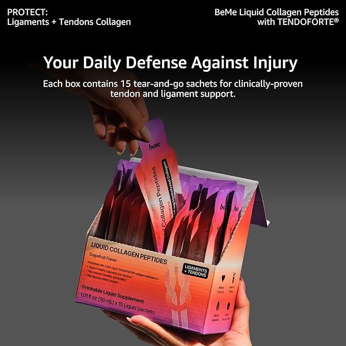 BeMe Liquid Collagen Peptides - Tendon & Ligament Supplements for Injury Prevention & Tissue Repair. Liquid Shots with TENDOFORTE for Active Recovery, Gym Performance Athletes - 15 Grapefruit Sachets