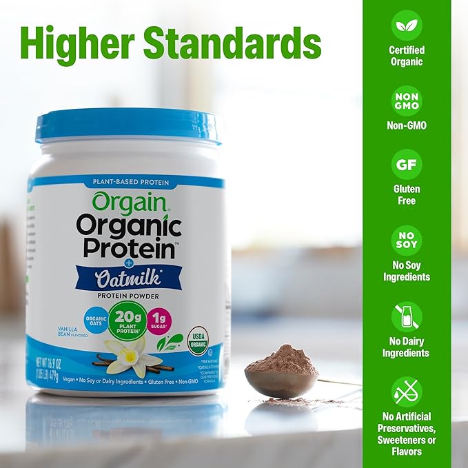 Orgain Organic Vegan Protein Powder + Oat Milk, Chocolate - 20g Plant Based Protein, Gluten Free, No Dairy, Soy or Lactose Ingredients, Low Sugar, Non-GMO, Kosher, For Shakes & Smoothies - 1.05lb