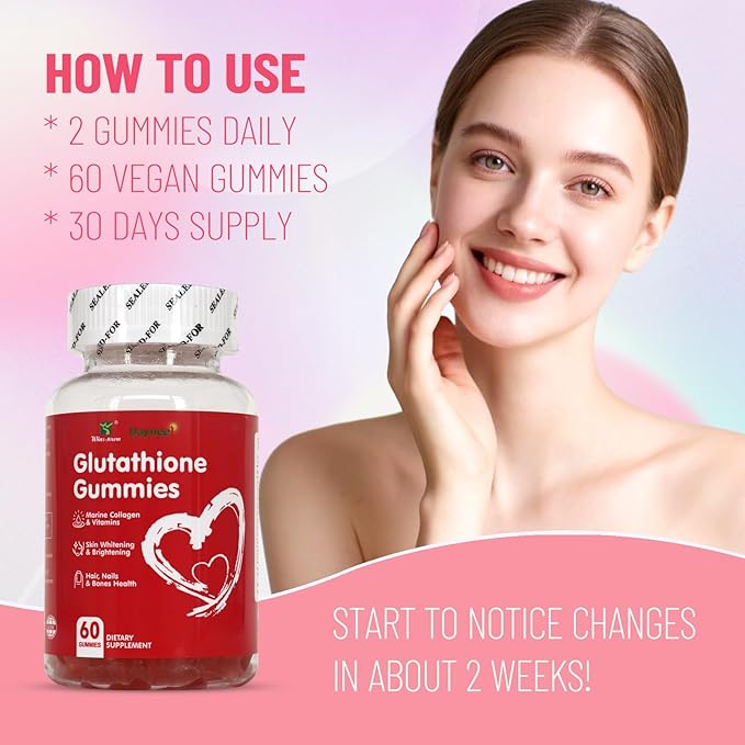 Glutathione Gummies 1000mg, Rich in Marine Collagen & Vitamins, Skin Whitening & Brightening, 60 Count