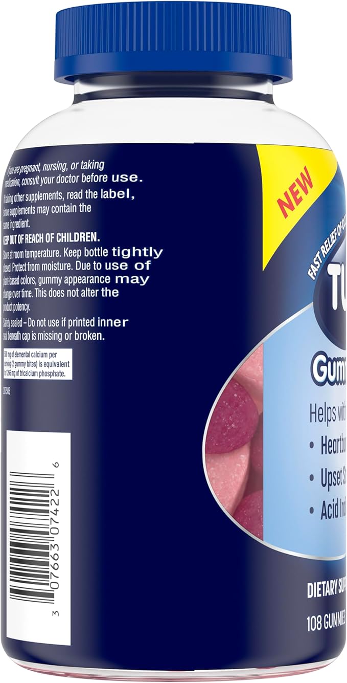 TUMS Gummy Bites Dietary Supplement for Occasional Heartburn Relief, Upset Stomach and Acid Indigestion, Great for a Summer BBQ - Cherry Berry Burst - 108 Count (Pack of 2)