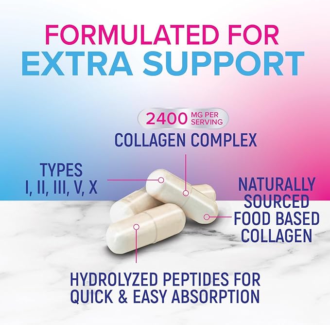 Multi Collagen Pills 2400 mg Per Serving - Advanced Types I, II, III, V, X - Hydrolyzed Multi Collagen Peptides Pills Supplement for Women & Men - Hair, Skin, & Nail Support Supplements - 180 Capsules