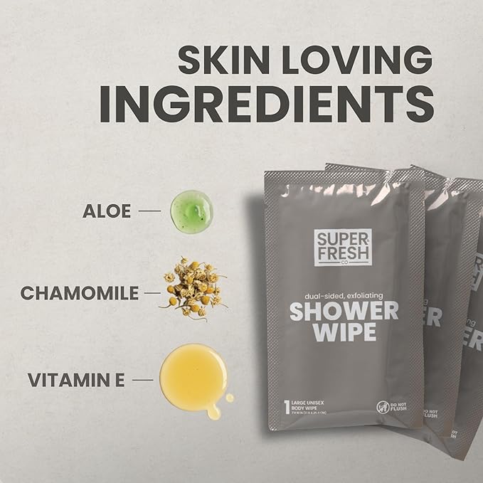 Super Fresh Shower Wipes Large Sandalwood Body Wipes for No Rinse Bathing Personal Hygiene Gym Travel or Camping Enriched with Aloe and Vitamin E 20 Individually Wrapped Disposable Sheets
