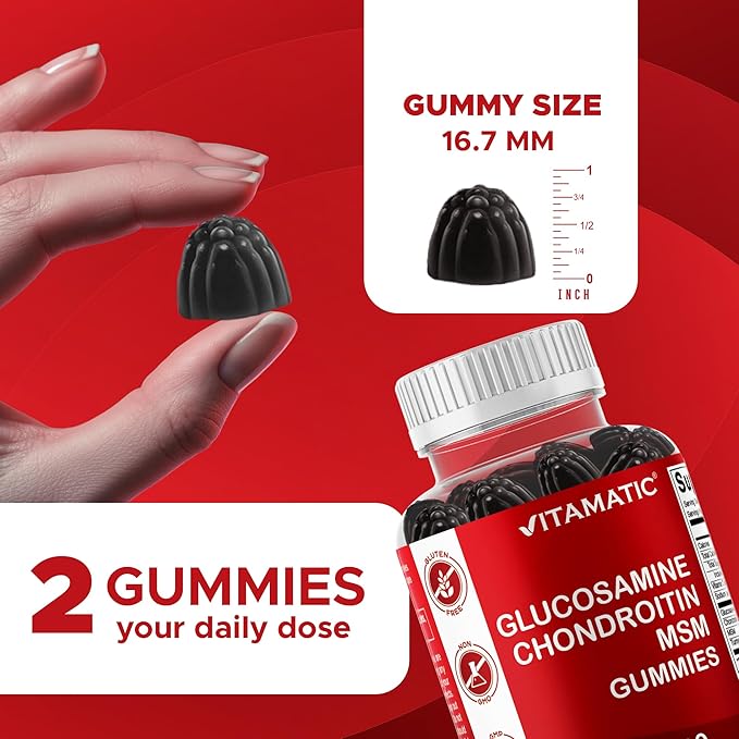 Vitamatic Glucosamine Chondroitin Gummies with MSM & Vitamin E – Joint Support Formula – 60 Pectin-Based Vegan Gummies
