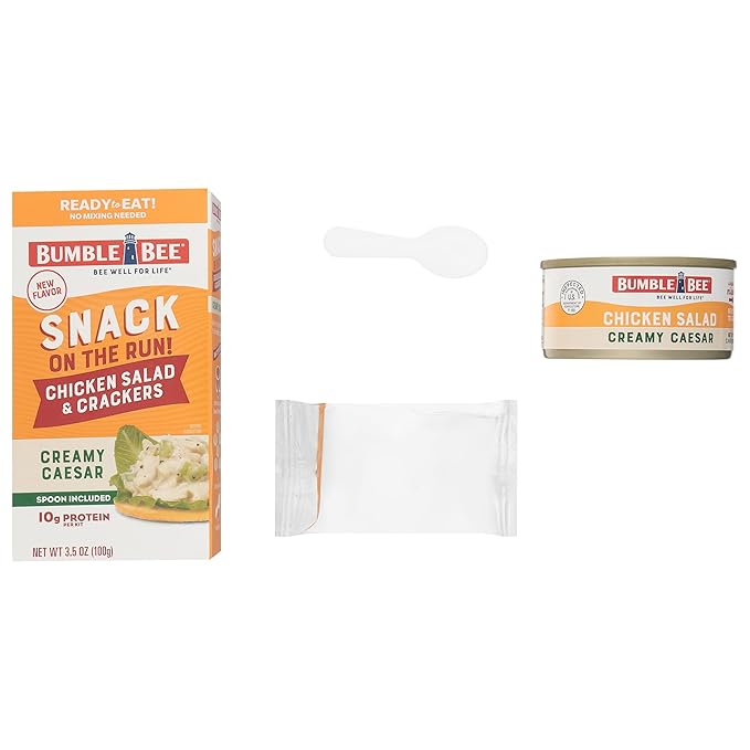 Bumble Bee Snack On The Run! Protein Snack Pack - Creamy Caesar Chicken Salad with Crackers - 10g Protein per Box - Ready to Eat Easy-Open Canned Chicken (Pack of 12)