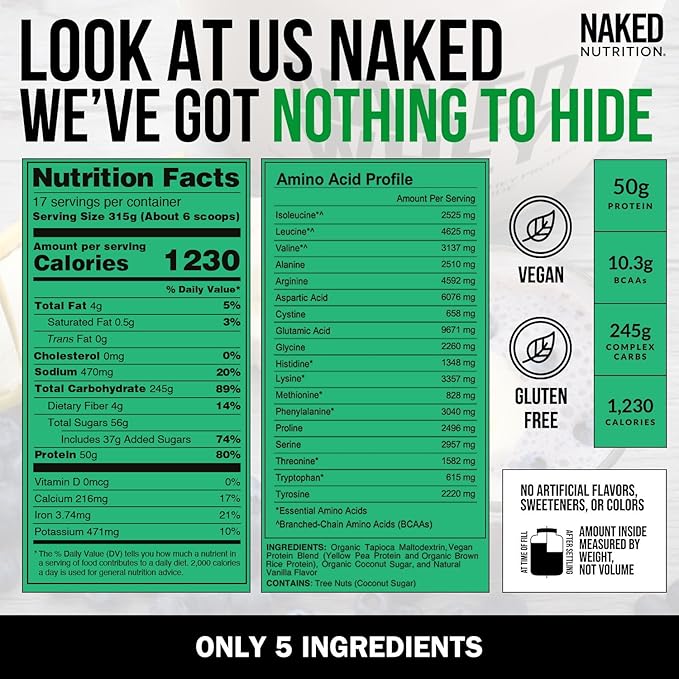 NAKED Vegan Mass - Vanilla Vegan Weight Gainer - 1,230 Calories, NSF Certified, Non-GMO, Soy & Gluten Free, No Artificial Ingredients - 12LB Bulk - 17 Servings