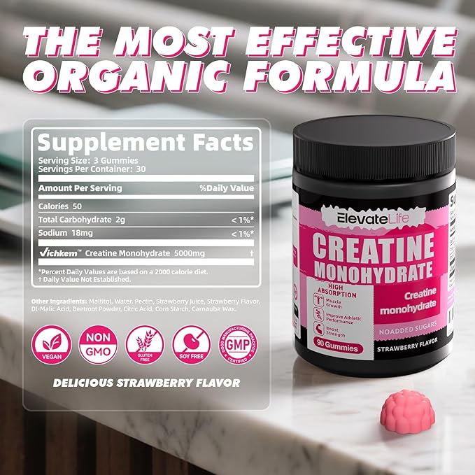 NSFCertified Creatine Monohydrate Gummies 5000mg for Men & Women, Chewables Creatine Monohydrate for Muscle Strength, Muscle Builder, Energy Boost, Pre-Workout Supplement(90 Count)-Strawberries