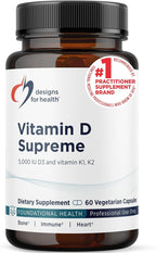 Designs for Health Vitamin D Supreme - Vitamin D 5000 IU with 2000mcg Vitamin K as MK4 for Bone Health, Heart Health, Mood & Immune Support - Vitamin D3 Enhanced with GG Supplement (60 Capsules)