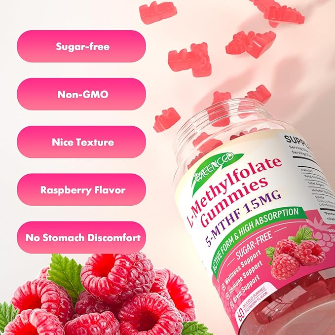 MEENCCD L-Methylfolate 15mg Gummies, Methylfolate Supplement, 5-MTHF Supplement - Active 5-MTHF - Supports Overall Wellness, Vegan, Raspberry Flavor, 60 Count