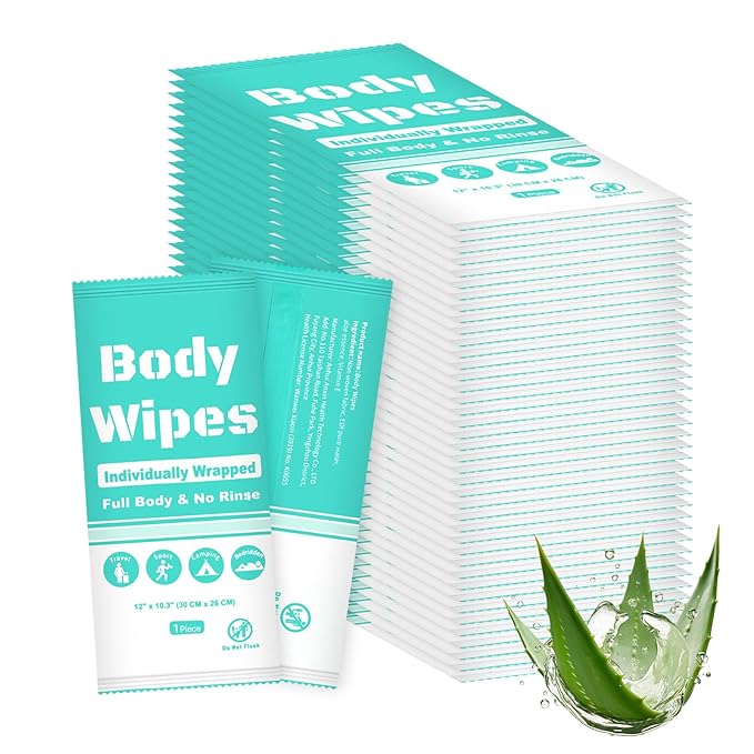 Individually Wrapped Body Wipes Bulk Bath Wipe, Women Men Large Adult Disposable Body Shower Wipes No Rinse-Free Bathing Cloths Wipe for Outdoors After Gym Camping Travel (50, Blue, 12 x 10.3 in)