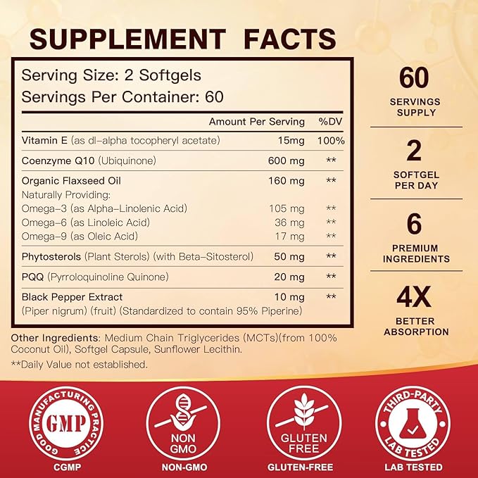 CoQ10 600 mg Softgels CoQ10 Supplement - CQ10 Coenzyme-Q10 with Omega 3 & PQQ & Vitamin E, CoQ10 400mg Softgels, 60 Servings