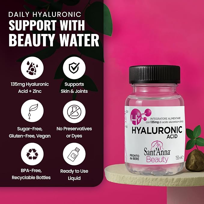 Sant'Anna Beauty Hyaluronic Acid, 5 Fl oz (Single Pack) | Hyaluronic Acid Supplement & Zinc for Radiant Skin & Joints in BPA-Free Bottles | Liquid Oral Hyaluronic Acid with Sugar-Free, Gluten-Free