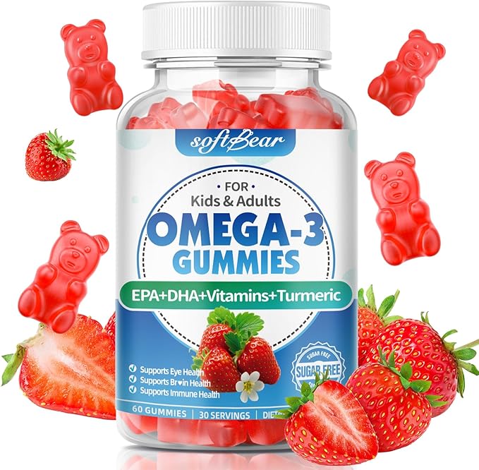 softbear Omega 3 Gummies for Women & Men & Kids Omega 3 Supplements 1200mg Vegan Omega 3 Fatty Acids DHA EPA with Vitamins Support Eye & Brain Health, Sugar Free, Strawberry Flavor 60 Count