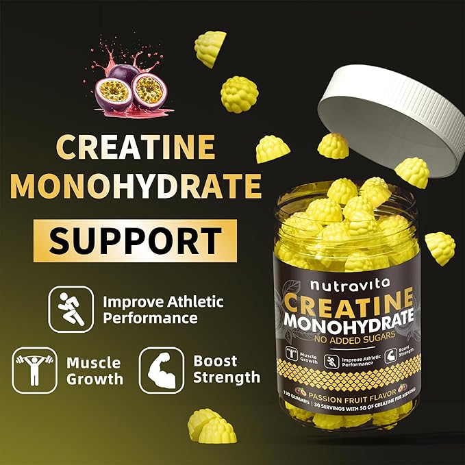 Nutravita NSF Certified Creatine Gummy - Creatine Monohydrate Gummies for Men & Women-5g of Creatine Monohydrate per Serving - Sugar Free,Vegan, Passion Fruit Flavor, 120 Count