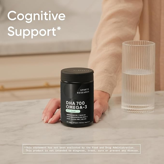 Sports Research® Vegan DHA 700mg - Cognitive Support, Brain Support, Supplement with Omega-3 DHA from Algae Oil - Vegan Certified · Non-GMO · Gluten Free - 90 Count Softgels