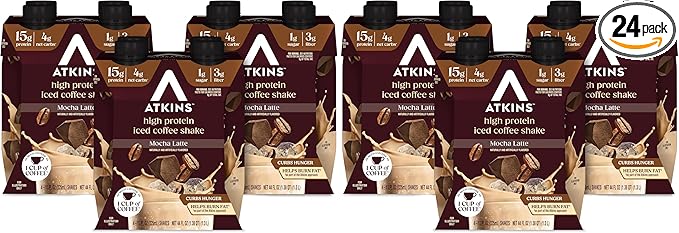 Atkins Mocha Latte Iced Coffee Protein Shake, 15g Protein, Low Glycemic, 4g Net Carb, 1g Sugar, Keto Friendly (Pack of 24)