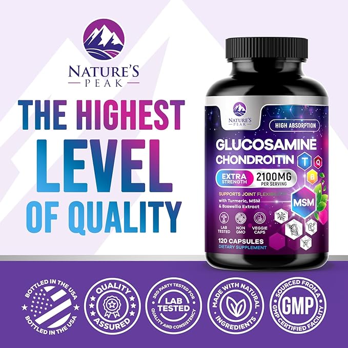 Glucosamine Chondroitin & MSM - 3x Strength Joint Support Supplement for Mobility & Comfort - Glucosamine Complex with Turmeric, Boswellia, Bromelain & Quercetin - Bottled in USA - 120 Capsules