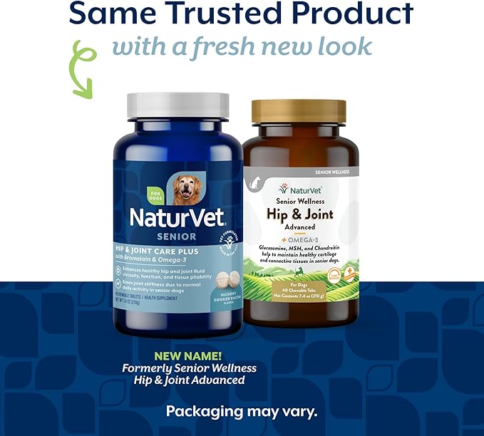 NaturVet Senior Wellness Hip and Joint Plus Omegas Advanced Supplement for Dogs, Chewable Tablets Time Release, Made in the USA, 40 Count