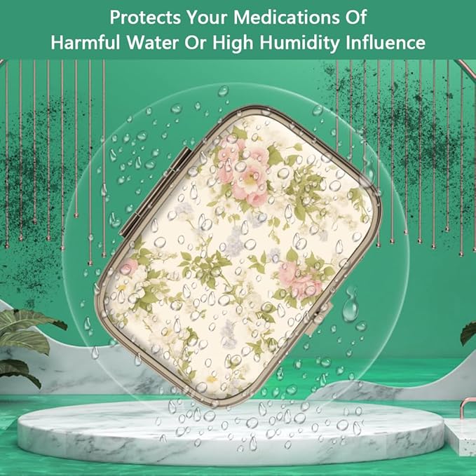 Pill Case Pill Box with Mirror Retro 2 Compartment Small Pill Case for Purse or Pocket Bronze Rectangular Pill Box or Vitamins, Fish Oil, Supplements, Pill Containe Travel Gifts（Vintage Floral）