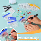 Serfeymi 48 Pcs Pill Pouch Bags for Travel Reusable Plastic Bags 3x3 Inch 12 mil (Double Sided) Translucent Zippered Pill Pouches for Medicine with Slide Lock & Writable Label, 1Pc Marker-Green+Yellow