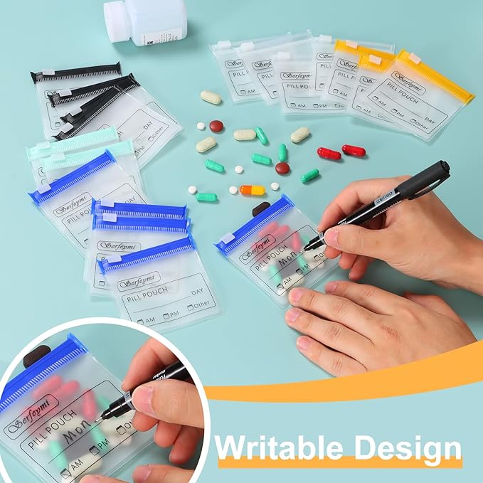 Serfeymi 48 Pcs Pill Pouch Bags for Travel Reusable Plastic Bags 3x3 Inch 12 mil (Double Sided) Translucent Zippered Pill Pouches for Medicine with Slide Lock & Writable Label, 1 Pc Marker-Green+Blue