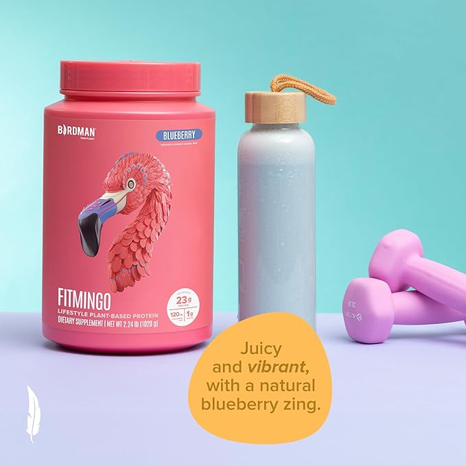 BIRDMAN Fitmingo Vegan Protein Powder with Inositol, Collagen Boosters, Hyaluronic Acid and Vitamins | Low Carb, Dairy Free, Lactose Free, Low Calorie, 23g Plant Based Blueberry Protein Powder