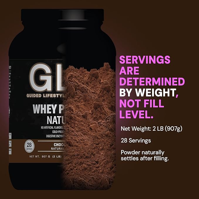 GLO Health Foods Cold Processed Whey Protein - Chocolate Flavor - 24g Protein per Serving - Whey with Digestive Enzymes & BCAAs - Supports Muscle Growth, Strength & Recovery - 2 LB (28 Servings)