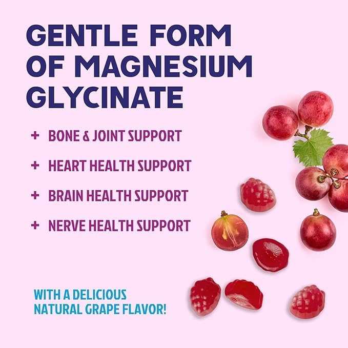 Magnesium Glycinate Gummies - Sugar Free - 100% Chelated Magnesium Gummy Supplement for Max Absorption - for Sleep Support & Heart, Muscle & Bone Health - Gentle on Stomach, Grape Flavor - 60 Gummies