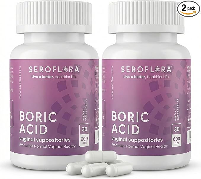 Seroflora Boric Acid Vaginal Suppositories 600mg – 60 Count (30ct, 2 Bottles) Odor Control, Feminine pH Balance & Daily Freshness – Clean Holistic Hygiene for Women – Made in USA