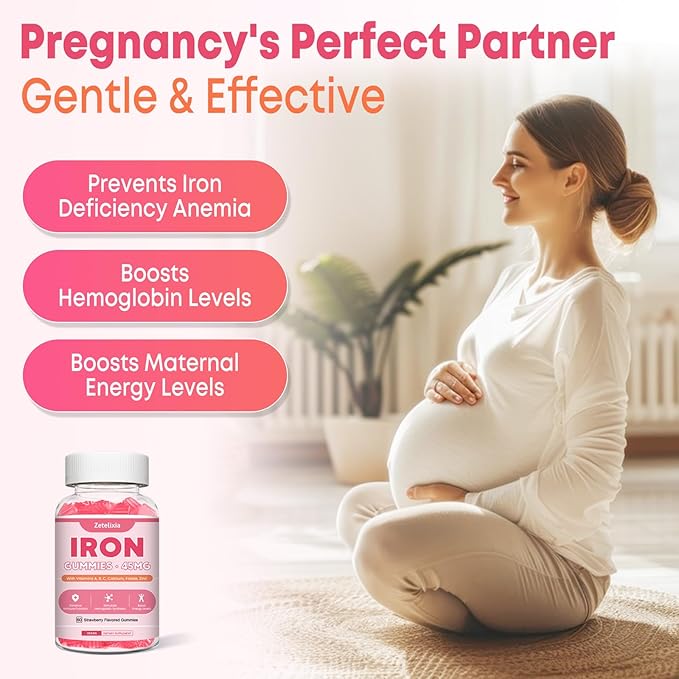 Vegan Iron Supplement Gummies for Women & Men, Anemia, Blood Builder & Energy Support for Iron Deficiency, with Vitamin C, A, B Complex, Folate, CoQ10, Sugar Free, Non-GMO, 60 Count