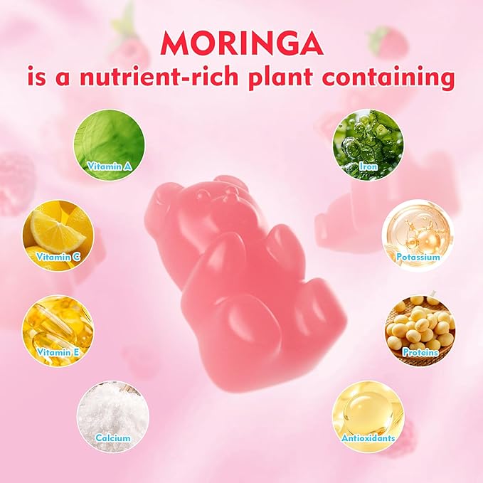 Moringa Gummies - Pure Moringa Leaf Supplement for Adults, Contains Essential Vitamins, Antioxidants & Amino Acids, Sugr-Free, Raspberry Flavor, 60 Count