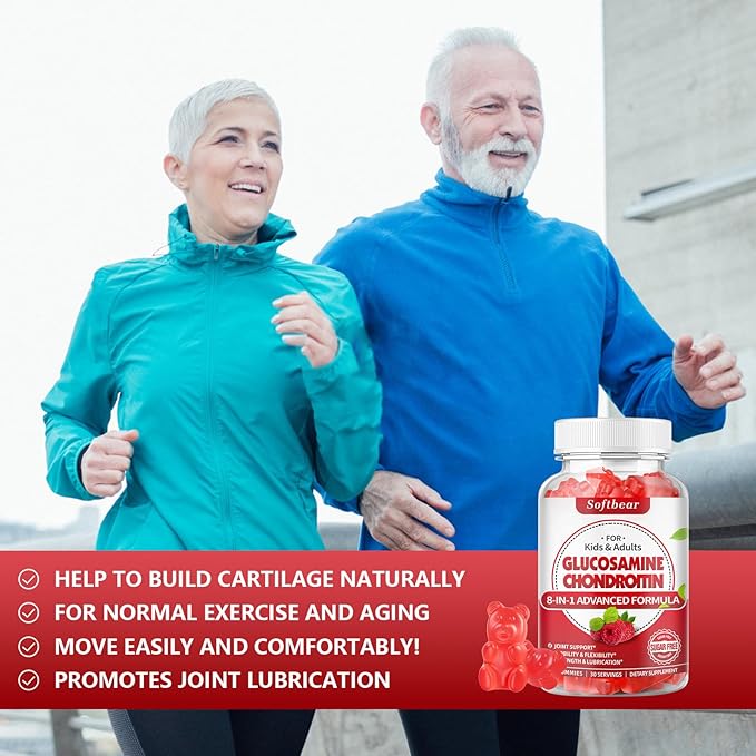 softbear Glucosamine Chondroitin Gummies, Sugar Free Glucosamine Chondroitin MSM Supplement with Elderberry Turmeric Supports Joint Health & Antioxidant, Raspberry Flavored 60 Count