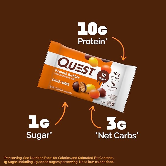 Quest Nutrition Coated Candies, Peanut Butter, Candy, 1g Sugar, 10g Protein, 4g Net Carbs, Gluten Free, Keto Friendly, (Pack of 24)