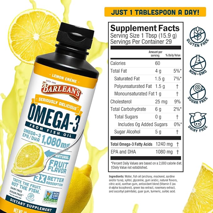 Barlean's Omega 3 Fish Oil Liquid Supplement for Men and Women, 1080mg of EPA and DHA Fatty Acid, Promotes Brain & Heart Health - Non-GMO, Lemon Crème, 16 oz