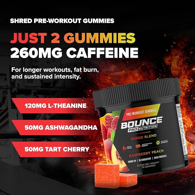 Bounce Pro Shred Blend Pre Workout Gummies – Raspberry Peach – 70 Vegan Gummies with Caffeine, Ashwagandha & L-Theanine for Energy, Focus & Endurance (70 Count (Pack of 1), Raspberry Peach)