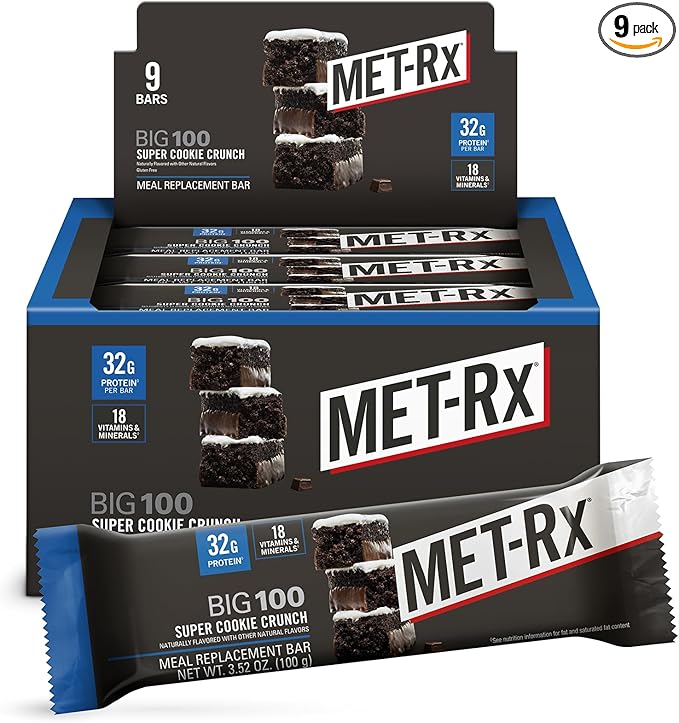 MET-Rx Big 100 Protein Bar, Meal Replacement Bar, 32G Protein, Super Cookie Crunch, 3.52 Oz (Pack of 9)