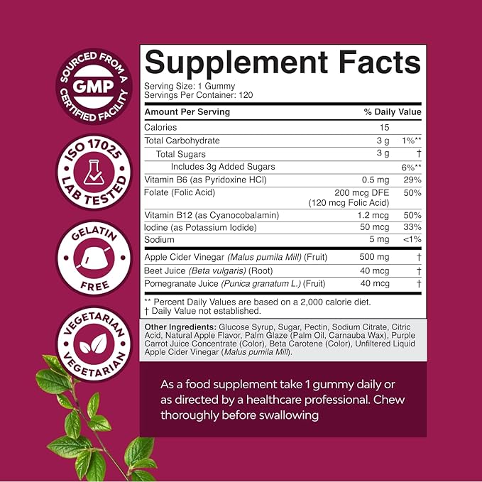 ACV Apple Cider Vinegar Gummies - Natural Energy Supplement ACV with Mother for Body Cleanse Immune Support and Gut Health with Vitamin B12 and Beet Root - 120 Count