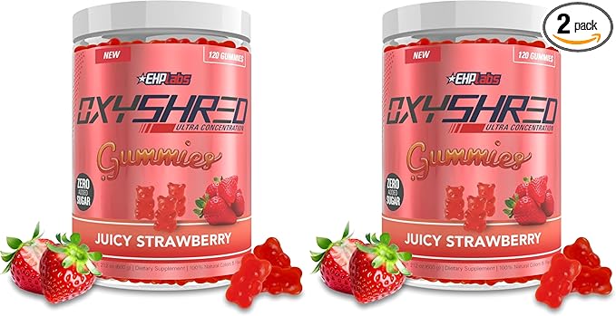 EHP Labs OxyShred Gummies - Pre Workout Gummies & Energy Chews with 100mg Caffeine, L-Carnitine for Thermo & Metabolic Support, All Natural Energy Boost - Strawberry Flavor – 60 Servings (Pack of 2)